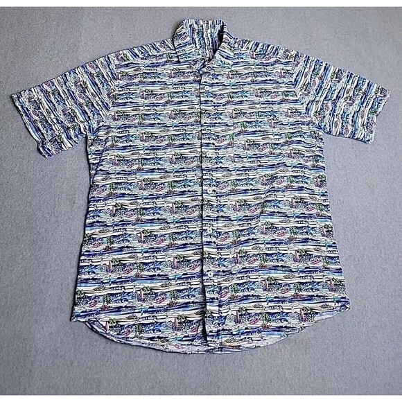 Alan Flusser Button Shirt Mens L Blue Surfer Beach Pocket Fun Cotton Dad Grandpa - Picture 1 of 14